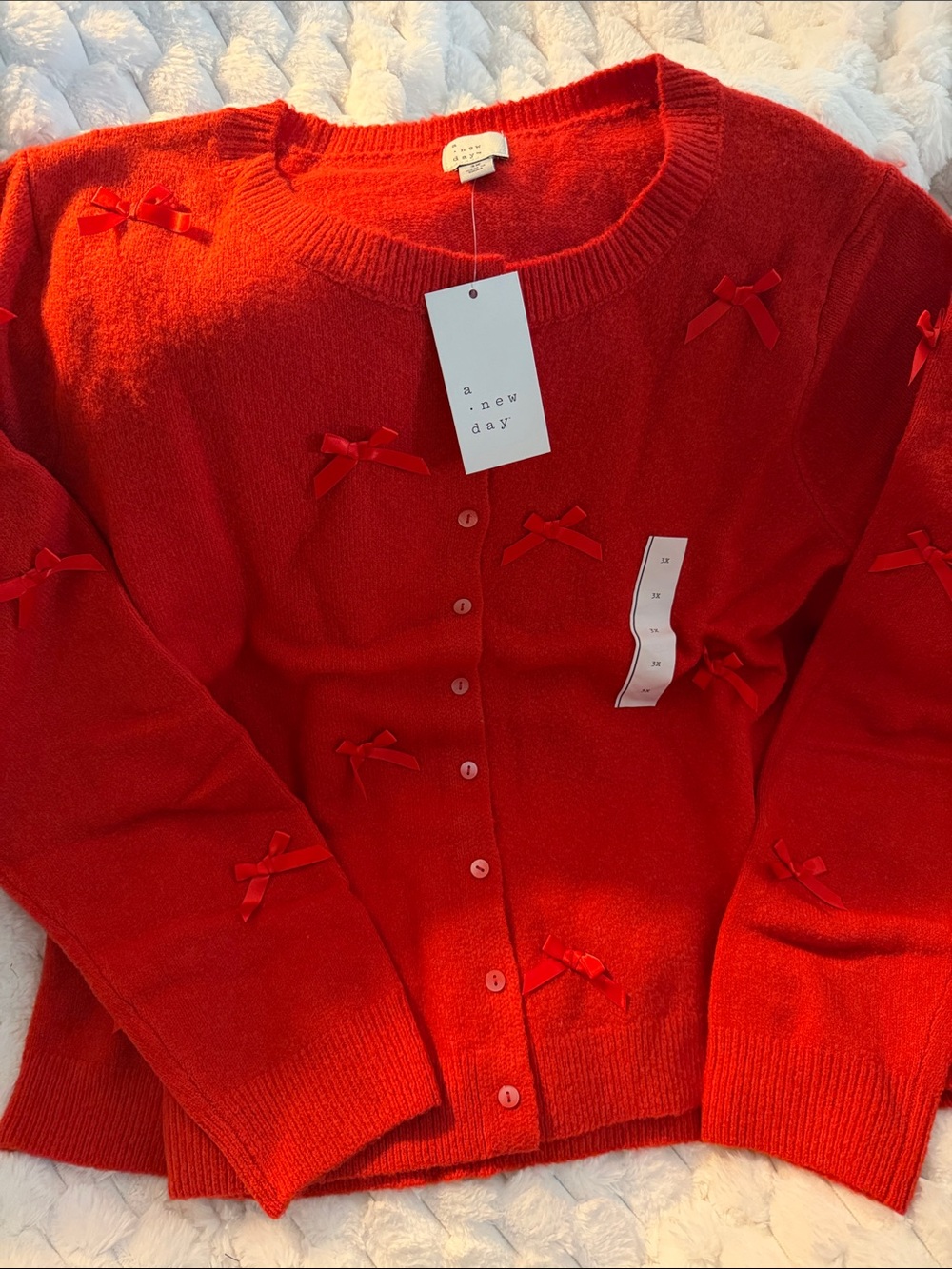 a new day Bright Red Bow-Embellished Button Cardigan